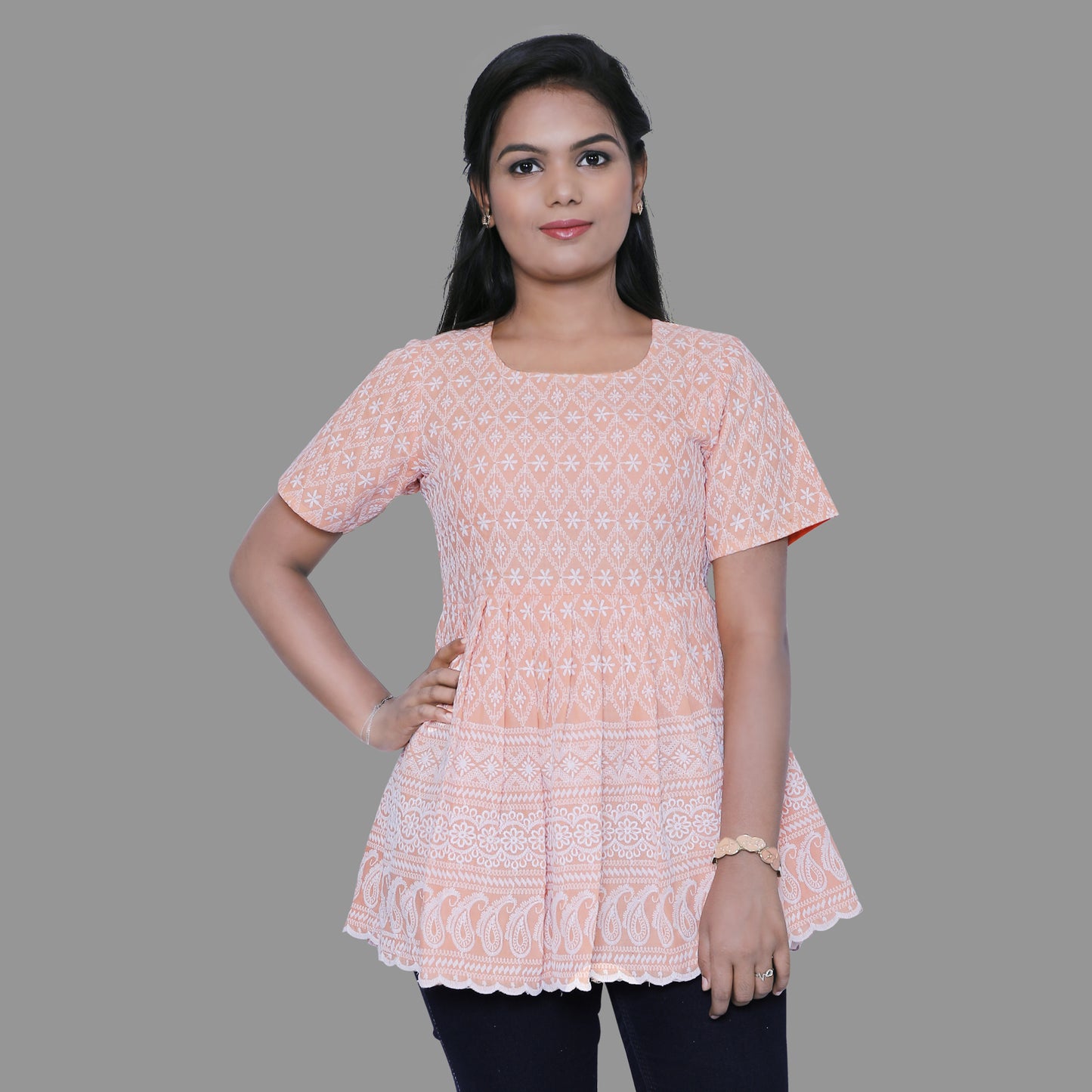 Orange Chikankari Waist Clinched Short Top | S3CTShortTop