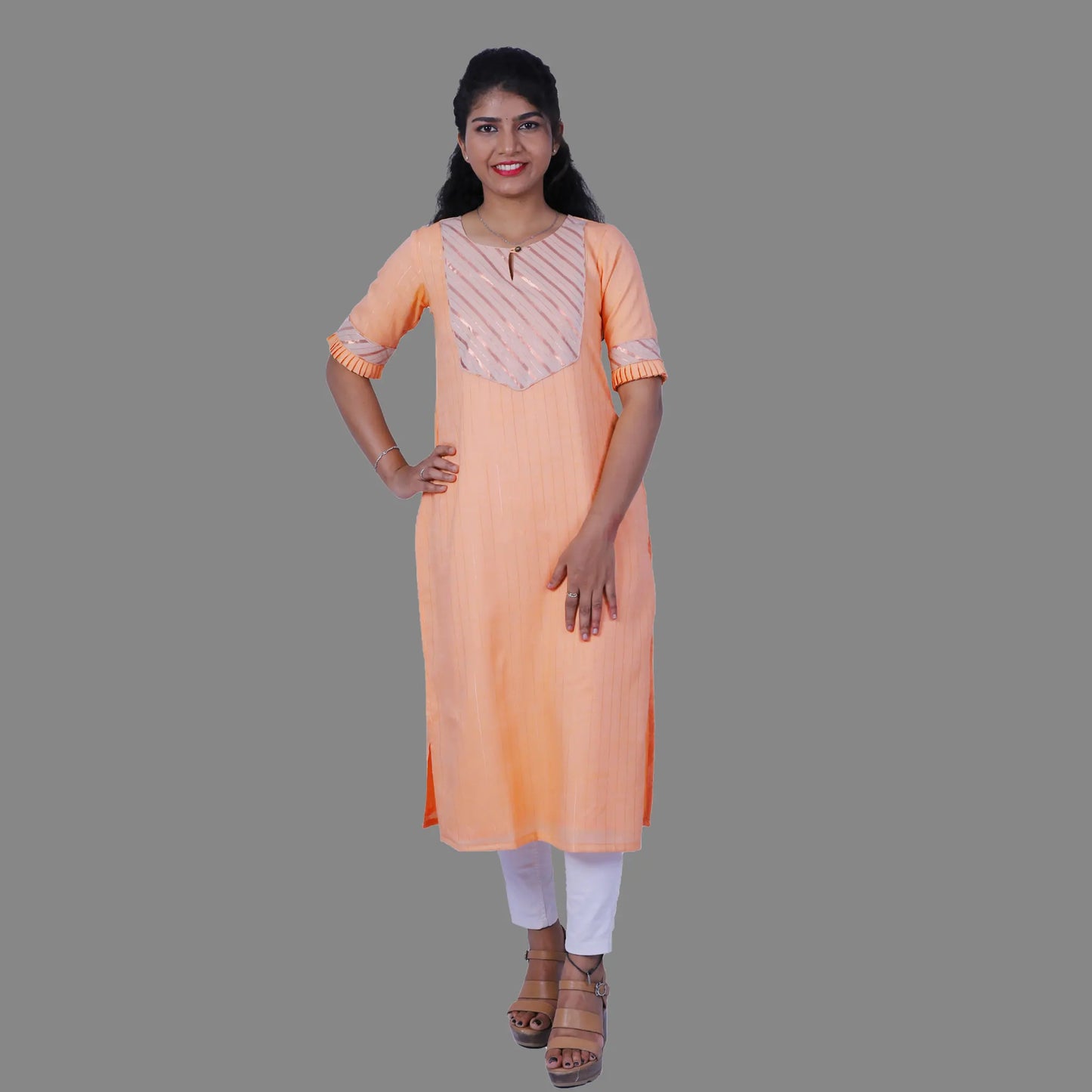 Women Printed Cotton Blend Straight Kurta (Orange) | S3X208