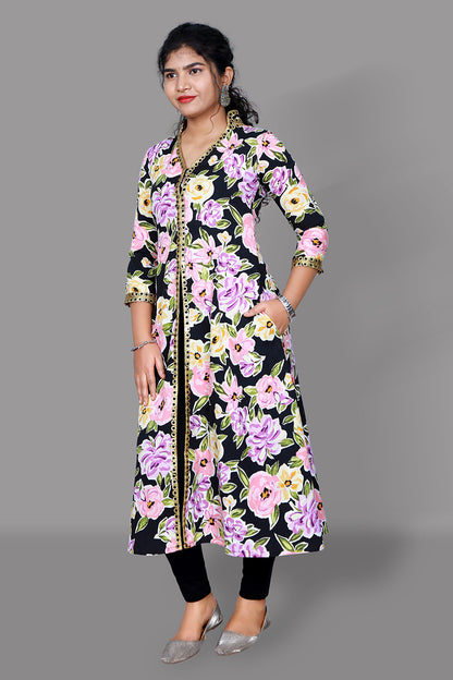 Black with Floral Print Middle Slit A Line Kurti | S3K1019