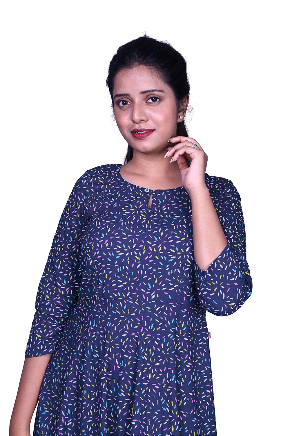 Blue Printed Viscose Rayon Front Keyhole High Low Kurta | S3G869