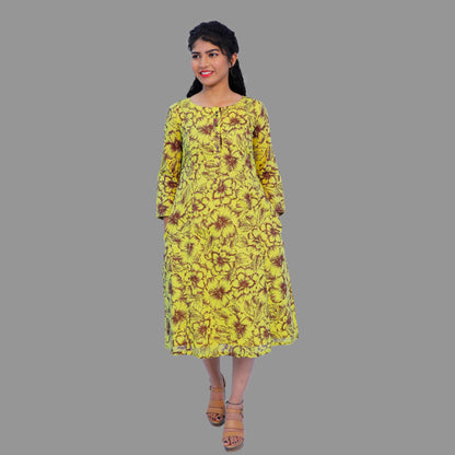 Yellow & Brown Floral Print Kurti | S3K288