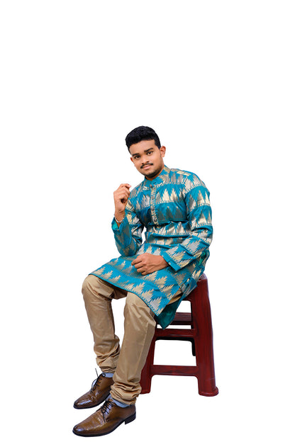 Blue & Gold Printed Kurta Pyjama Set | S3MKS