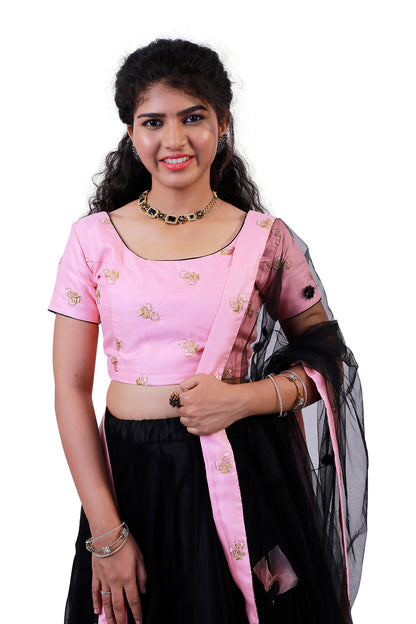 Black and Pink Netted Flared Lehenga Choli | S3BL783