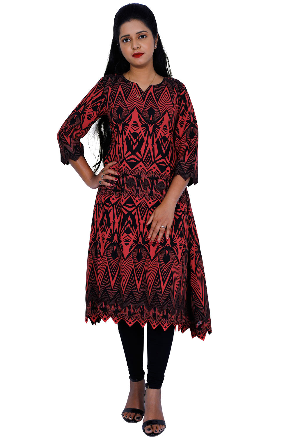Women Abstract Georgette A-line Kurta (Red) | S3X225