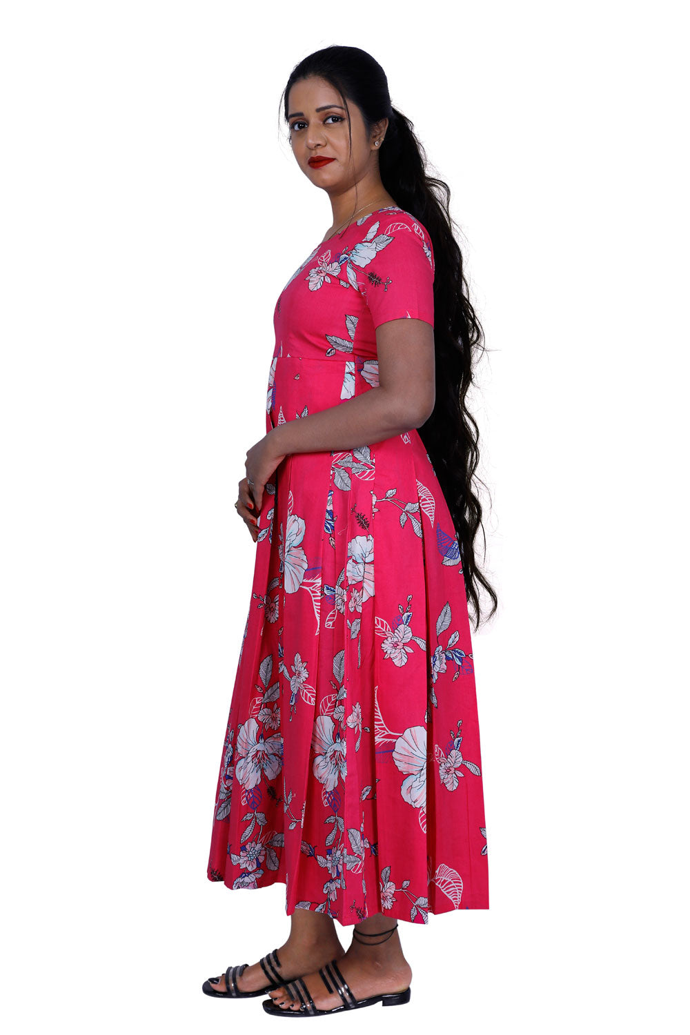 Floral Print Cotton Blend Stitched Flared/A-line Gown (Pink) | S3K290