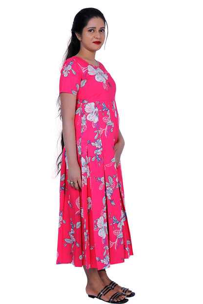 Floral Print Cotton Blend Stitched Flared/A-line Gown (Pink) | S3K290