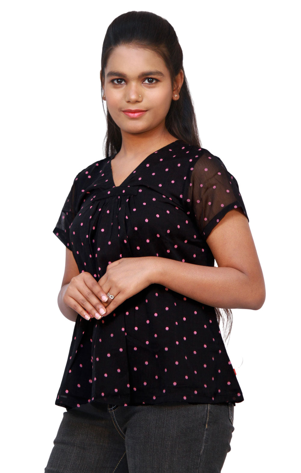Casual Regular Sleeves Polka Print Women Black Top | S3S284
