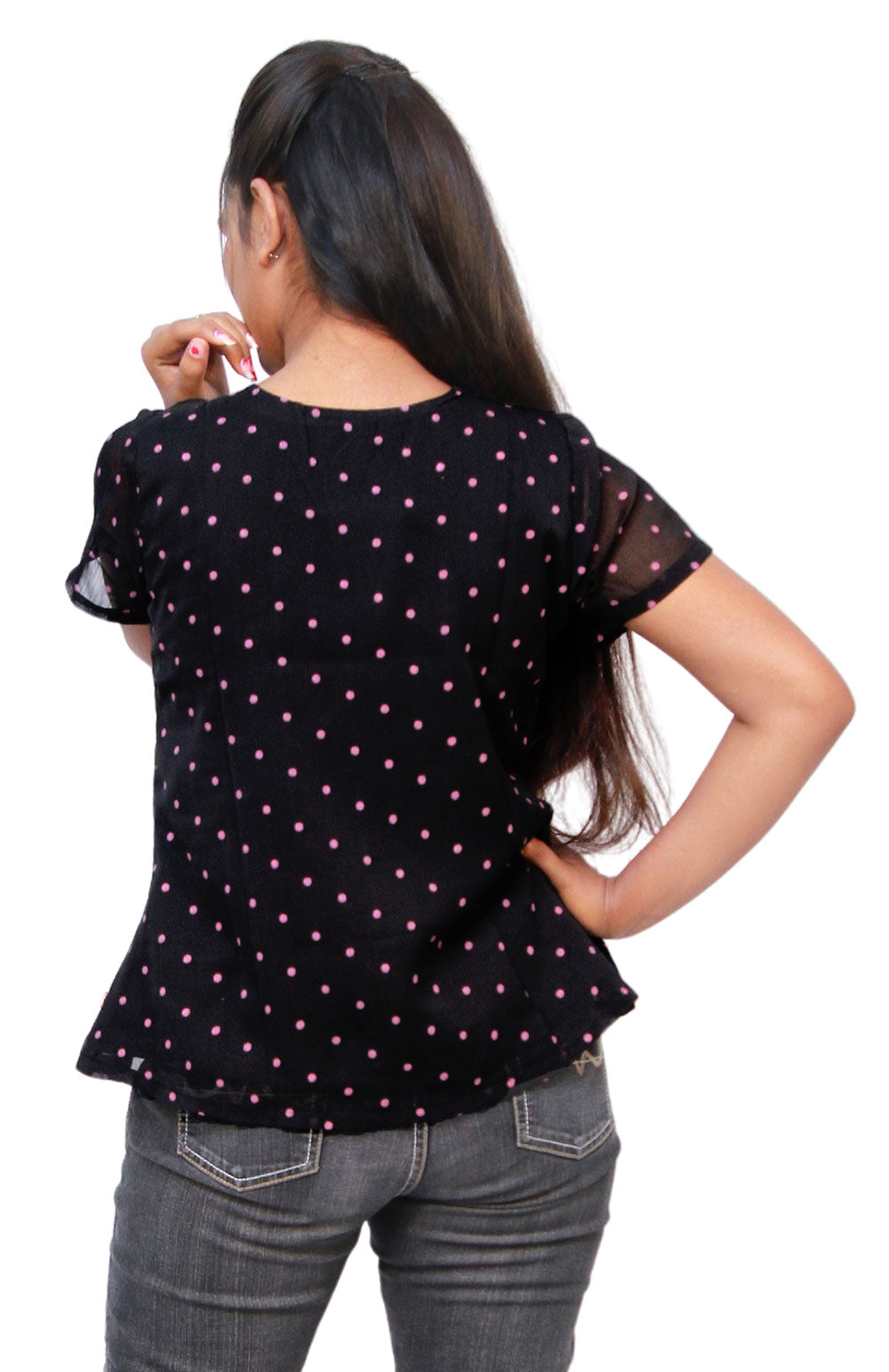 Casual Regular Sleeves Polka Print Women Black Top | S3S284