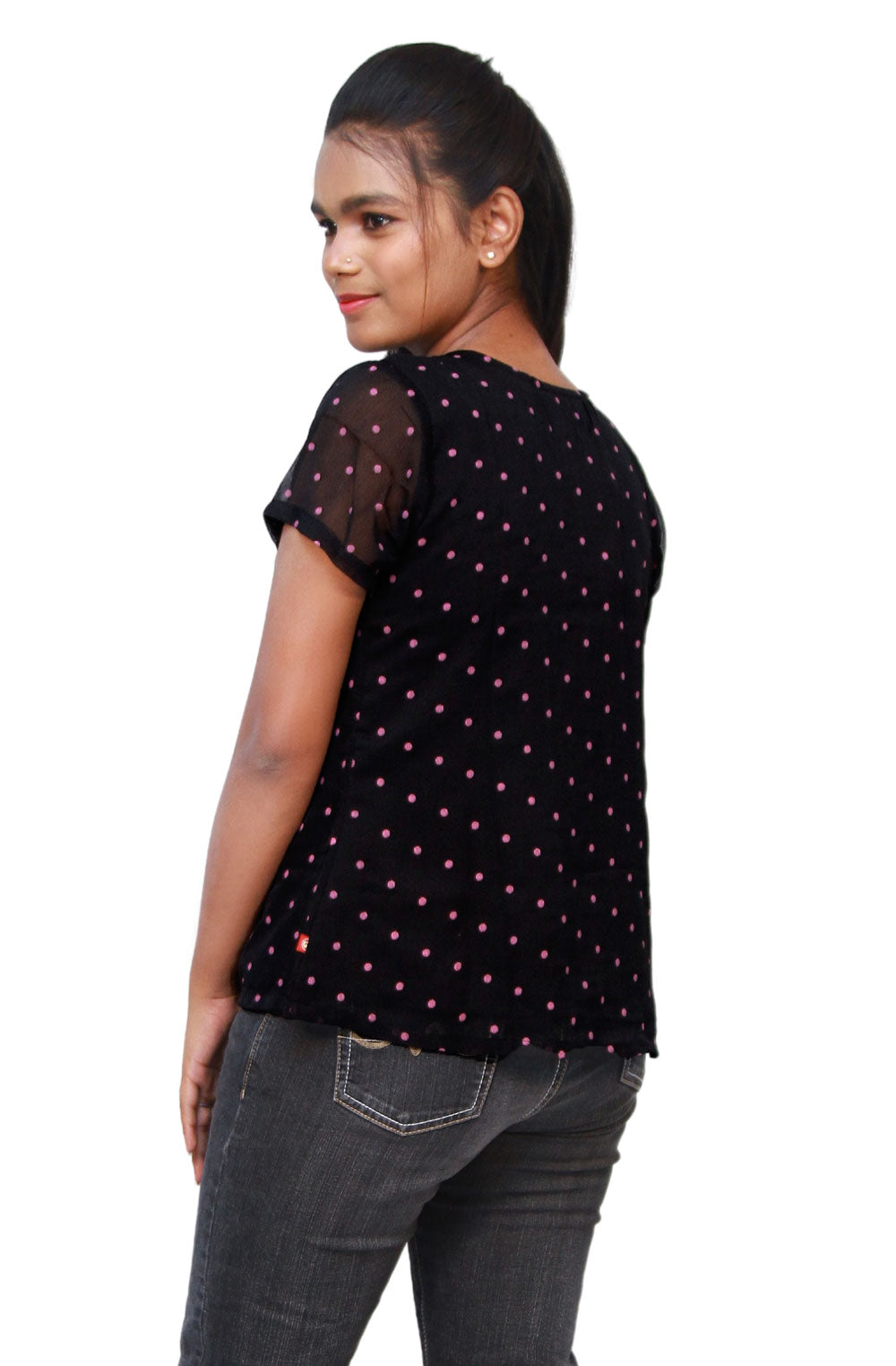 Casual Regular Sleeves Polka Print Women Black Top | S3S284