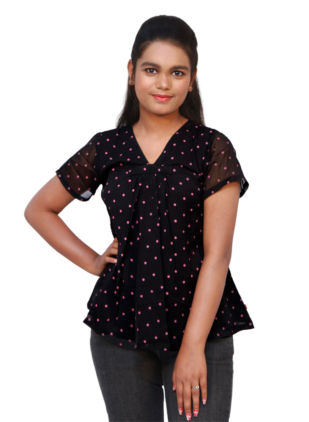 Casual Regular Sleeves Polka Print Women Black Top | S3S284