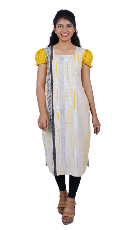 Women Abstract Cotton Blend Straight Kurta (Yellow) | S3K266