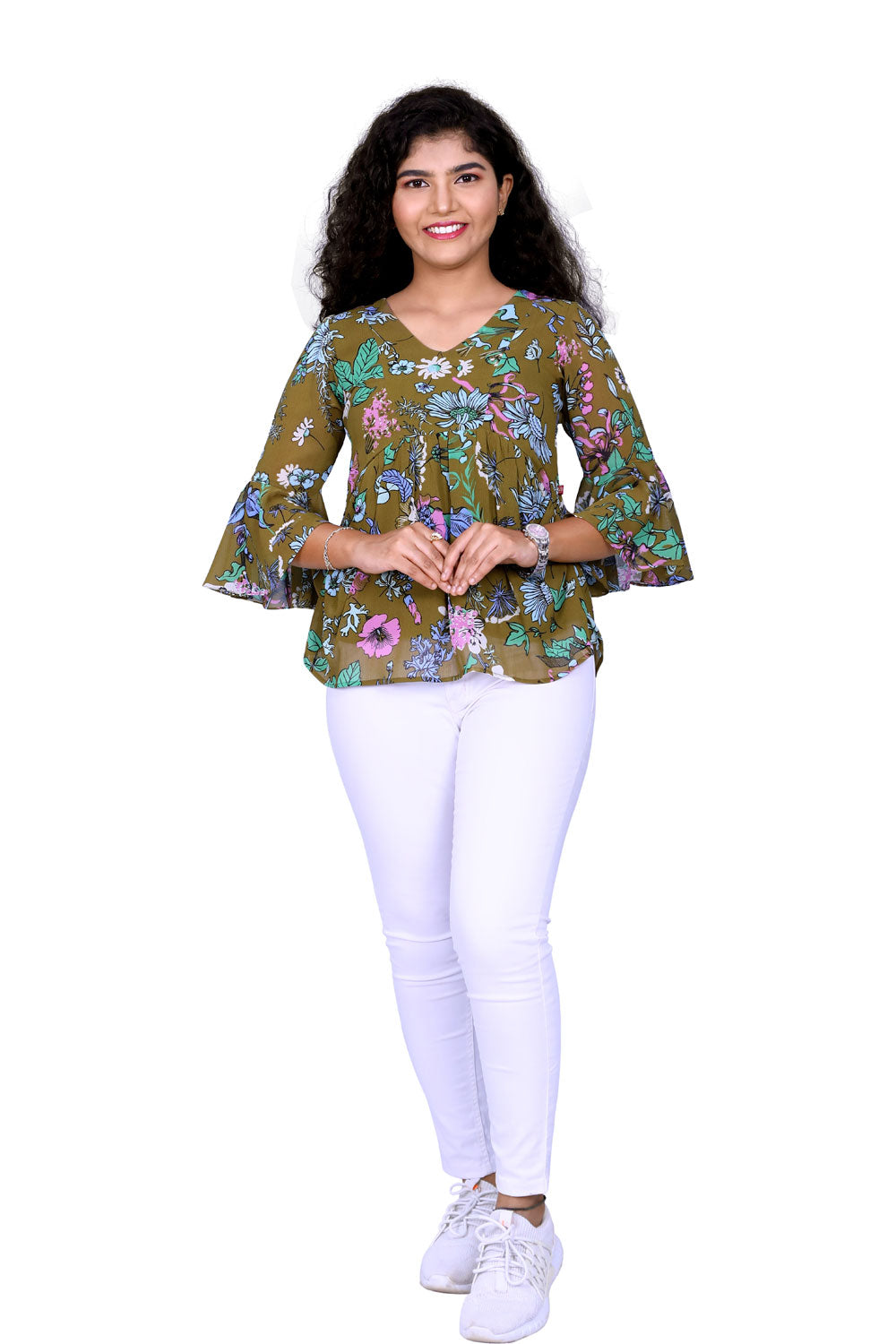 Green Floral Printed Short Top | S3CT814