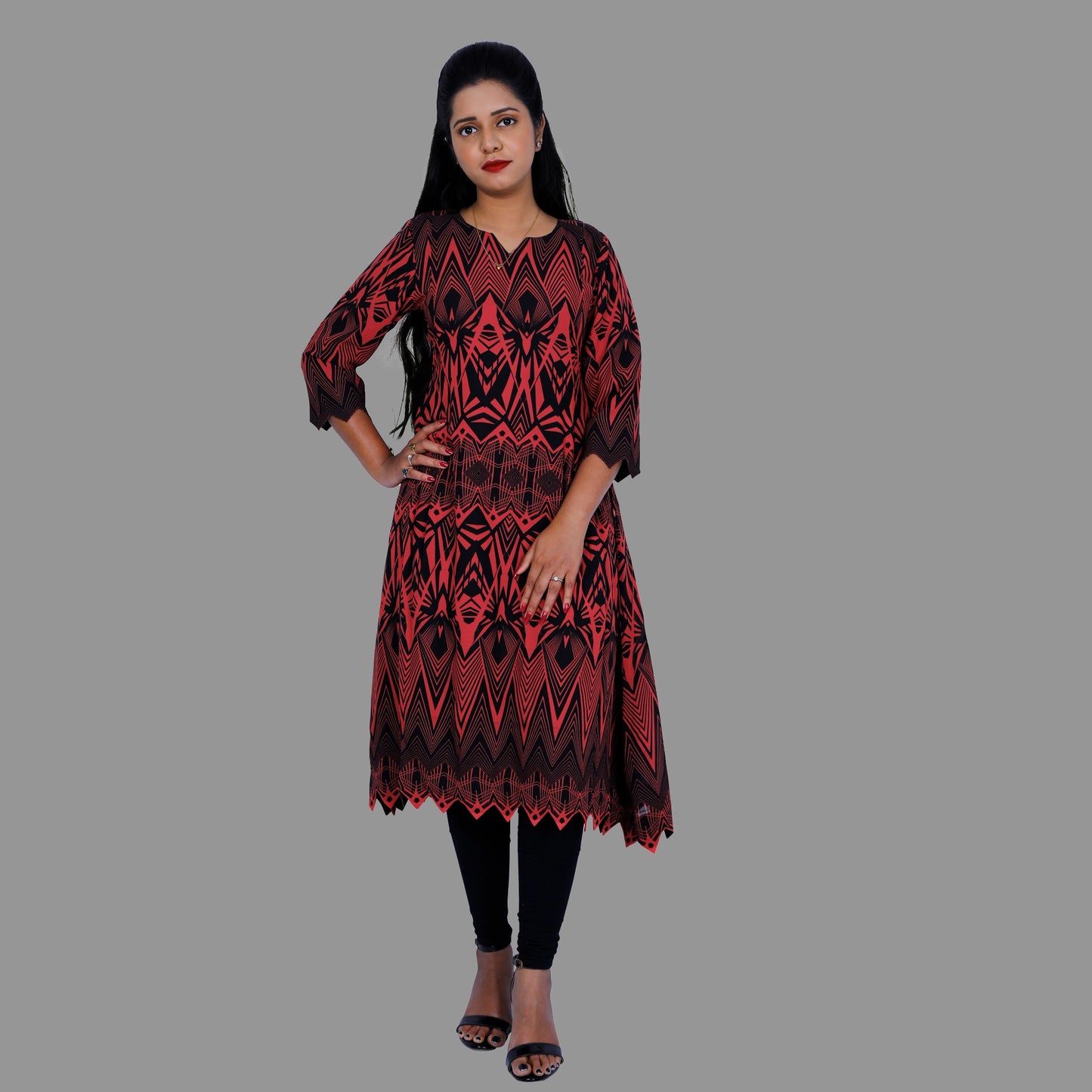Women Abstract Georgette A-line Kurta (Red) | S3X225