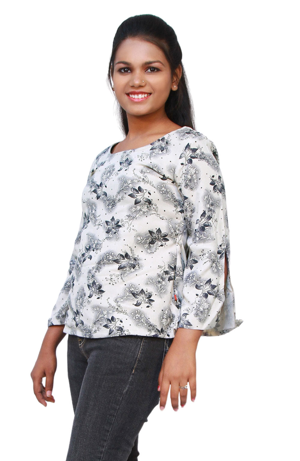 Casual Extended Sleeves Printed Women Grey Top | S3ST249
