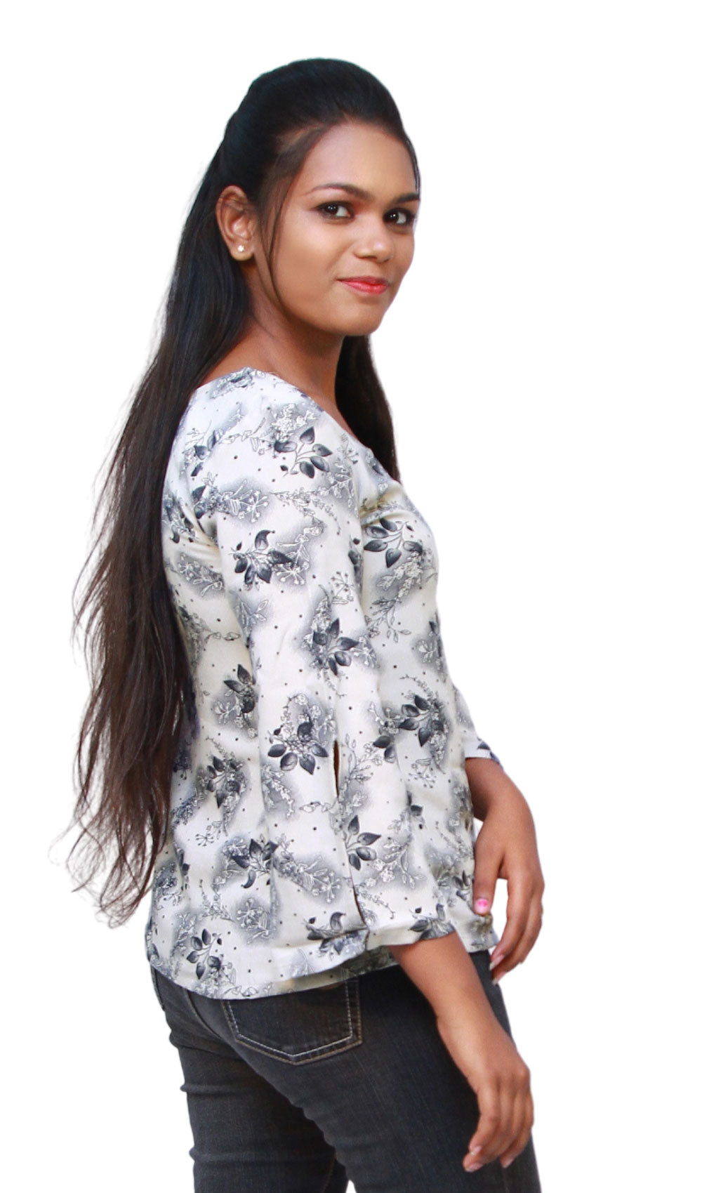 Casual Extended Sleeves Printed Women Grey Top | S3ST249