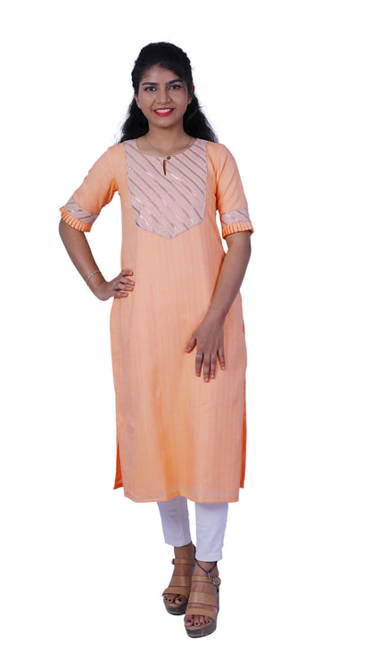 Women Printed Cotton Blend Straight Kurta (Orange) | S3X208
