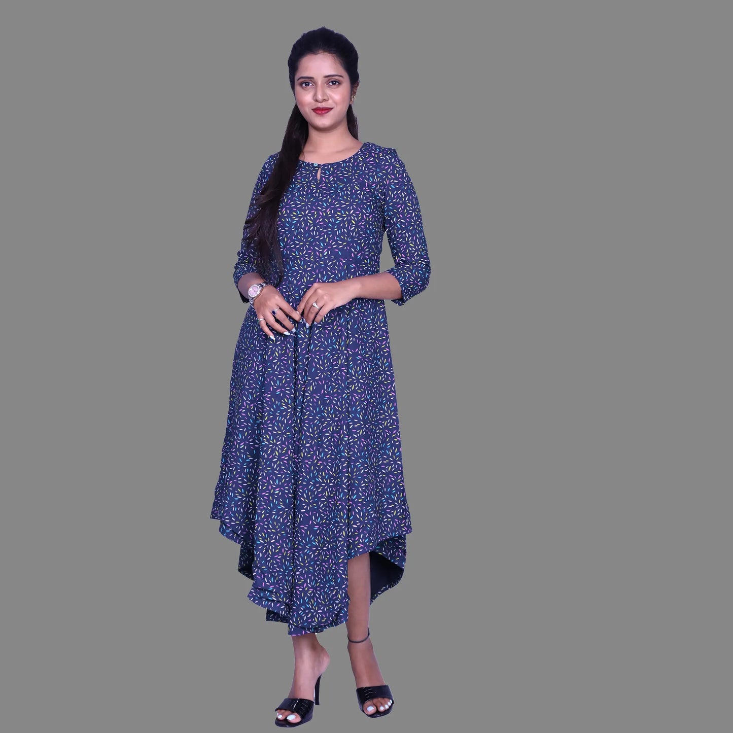 Blue Printed Viscose Rayon Front Keyhole High Low Kurta | S3G869