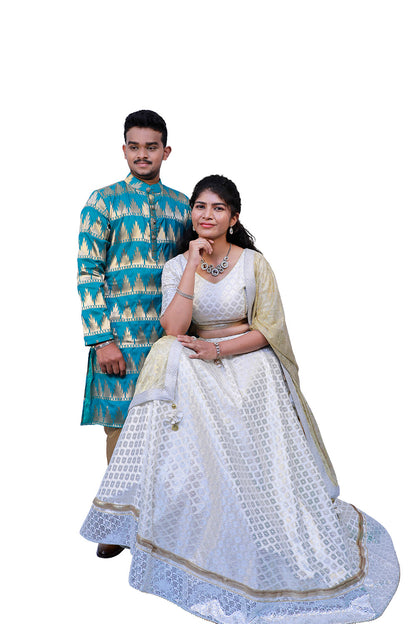 Men's Kurta Pyjama,White&Gold Lehenga Set Wedding Combo | S3WC1