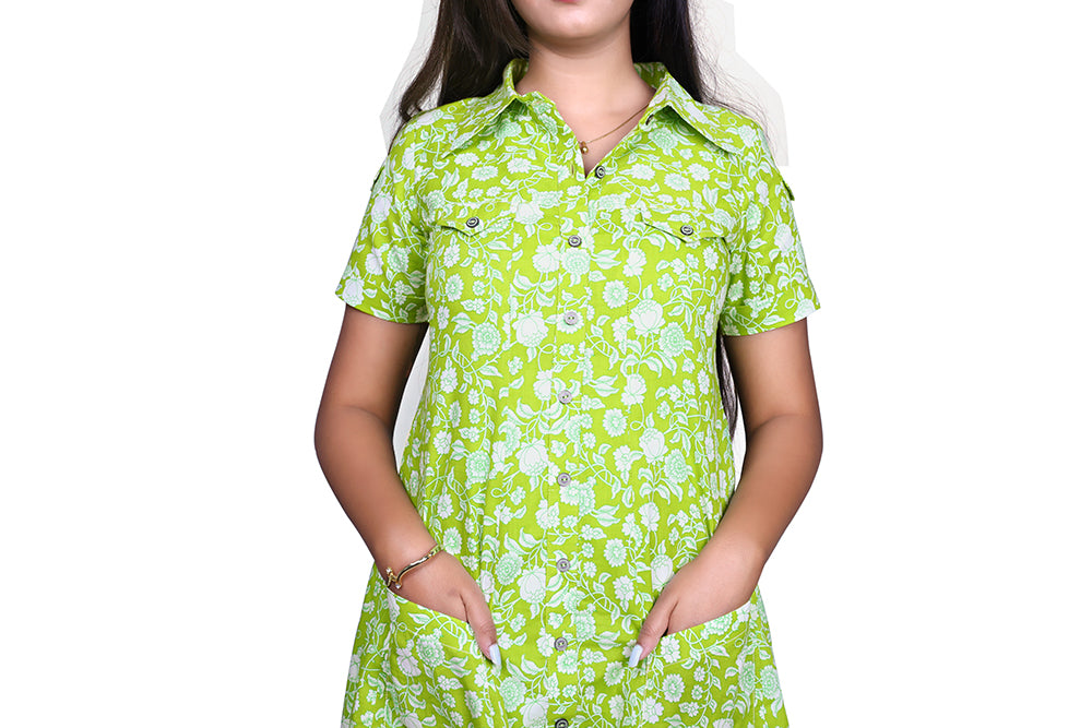Printed Light Green Cotton Blend A-line Kurta | S3K831