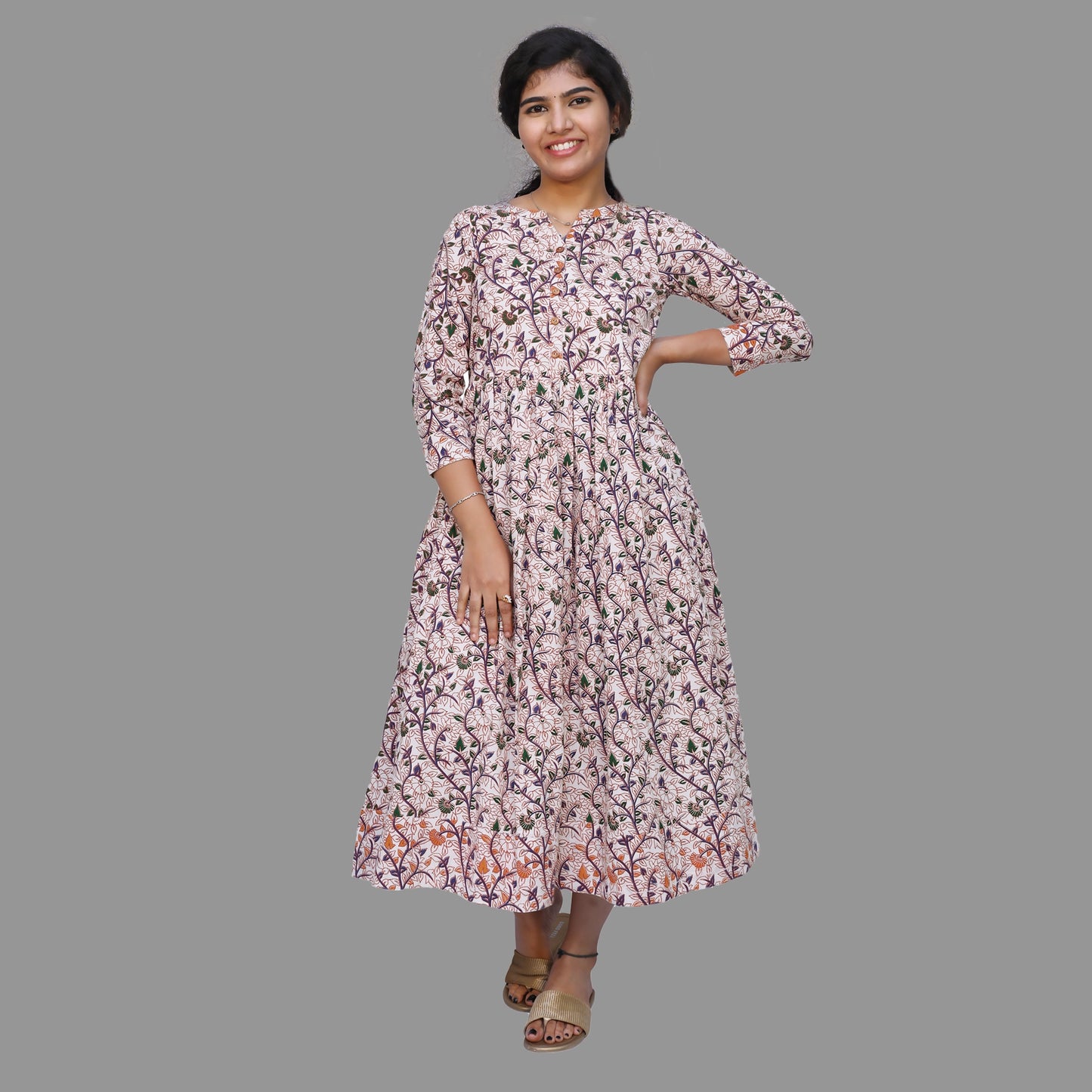 Peach Cotton Floral Print Straight Gown | S3K774
