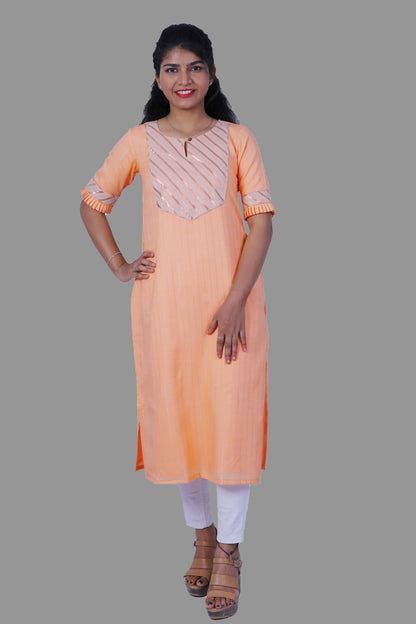 Women Printed Cotton Blend Straight Kurta (Orange) | S3X208