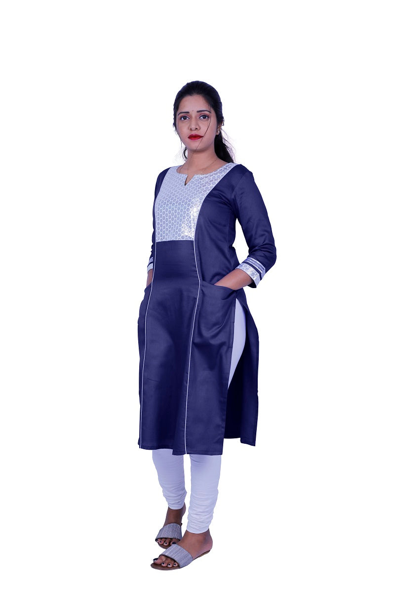 Women Solid Cotton Blend Straight Kurta (Blue) | S3X184A