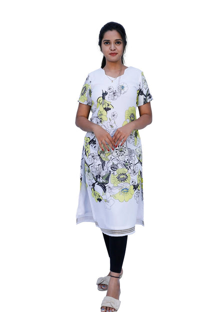 White Floral Printed Straight Kurti | S3K537