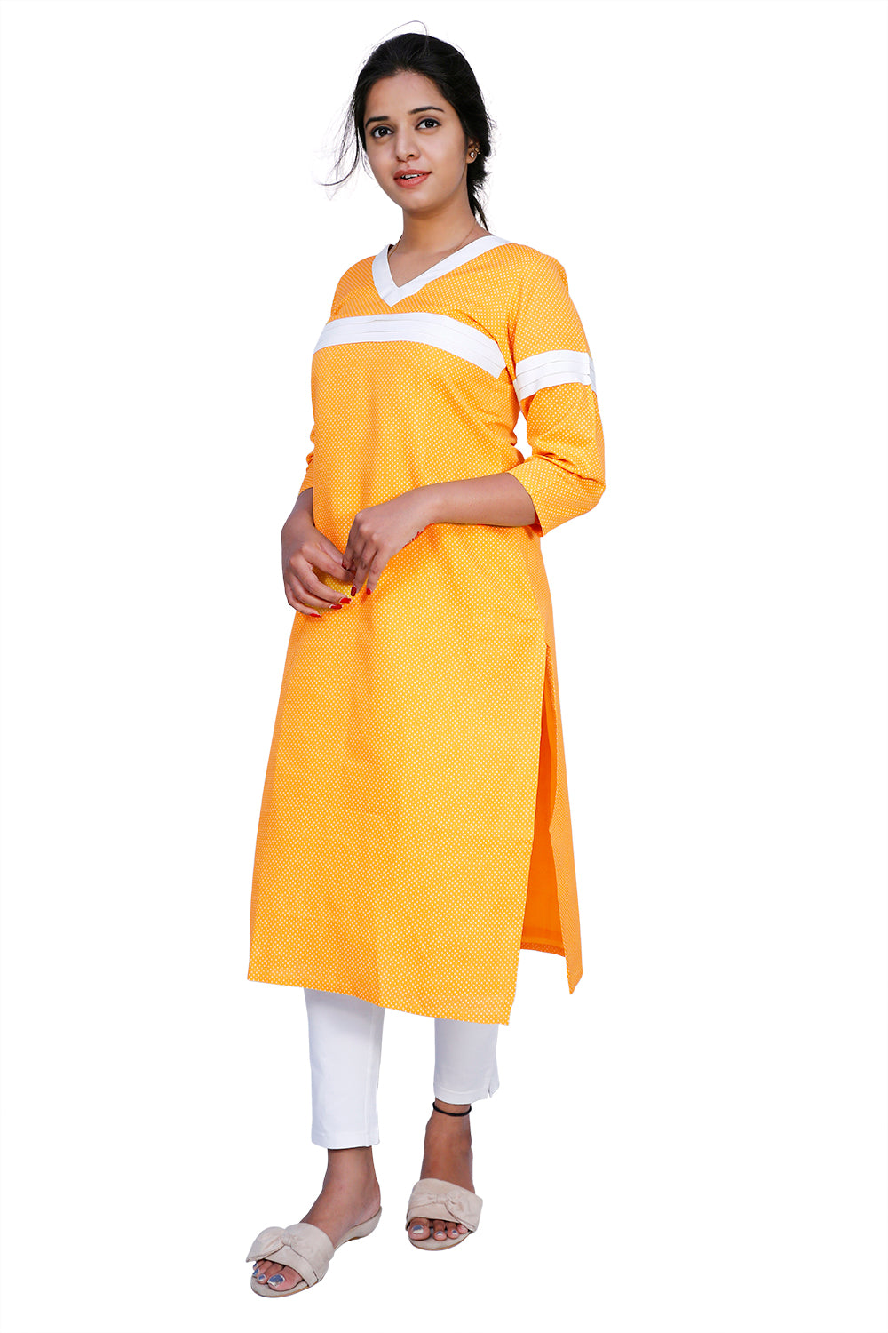 yellow polka dot cotton print Kurti | S3K434