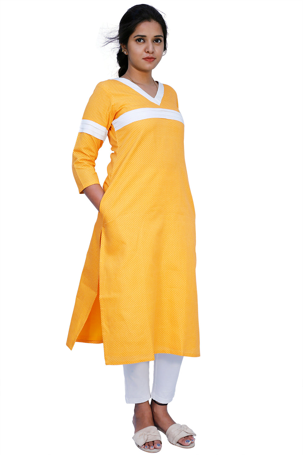 yellow polka dot cotton print Kurti | S3K434