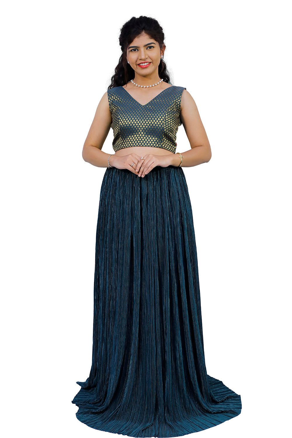 Green Crushed and Brocade Lehenga Set | SKD305