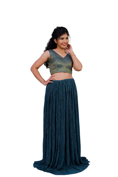 Green Crushed and Brocade Lehenga Set | SKD305