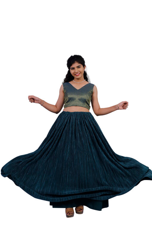 Green Crushed and Brocade Lehenga Set | SKD305