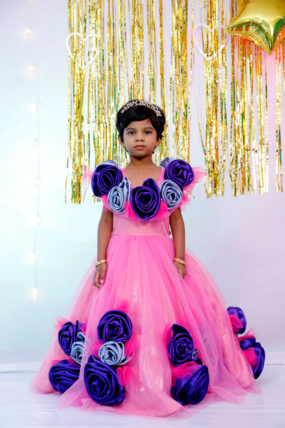 Color Organza baby Gown With Net Flower Patches | S3G4784