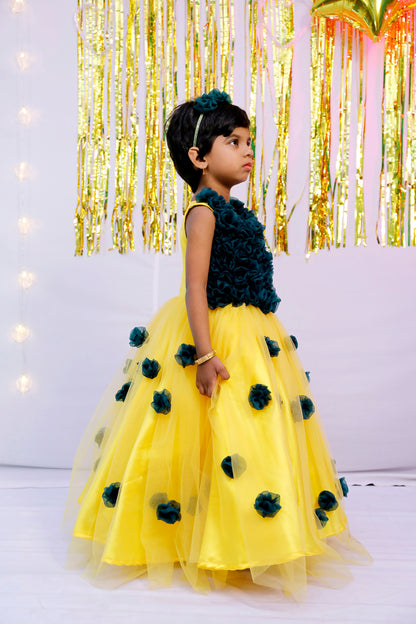 Yellow And Green Netted Frock | S3G4749