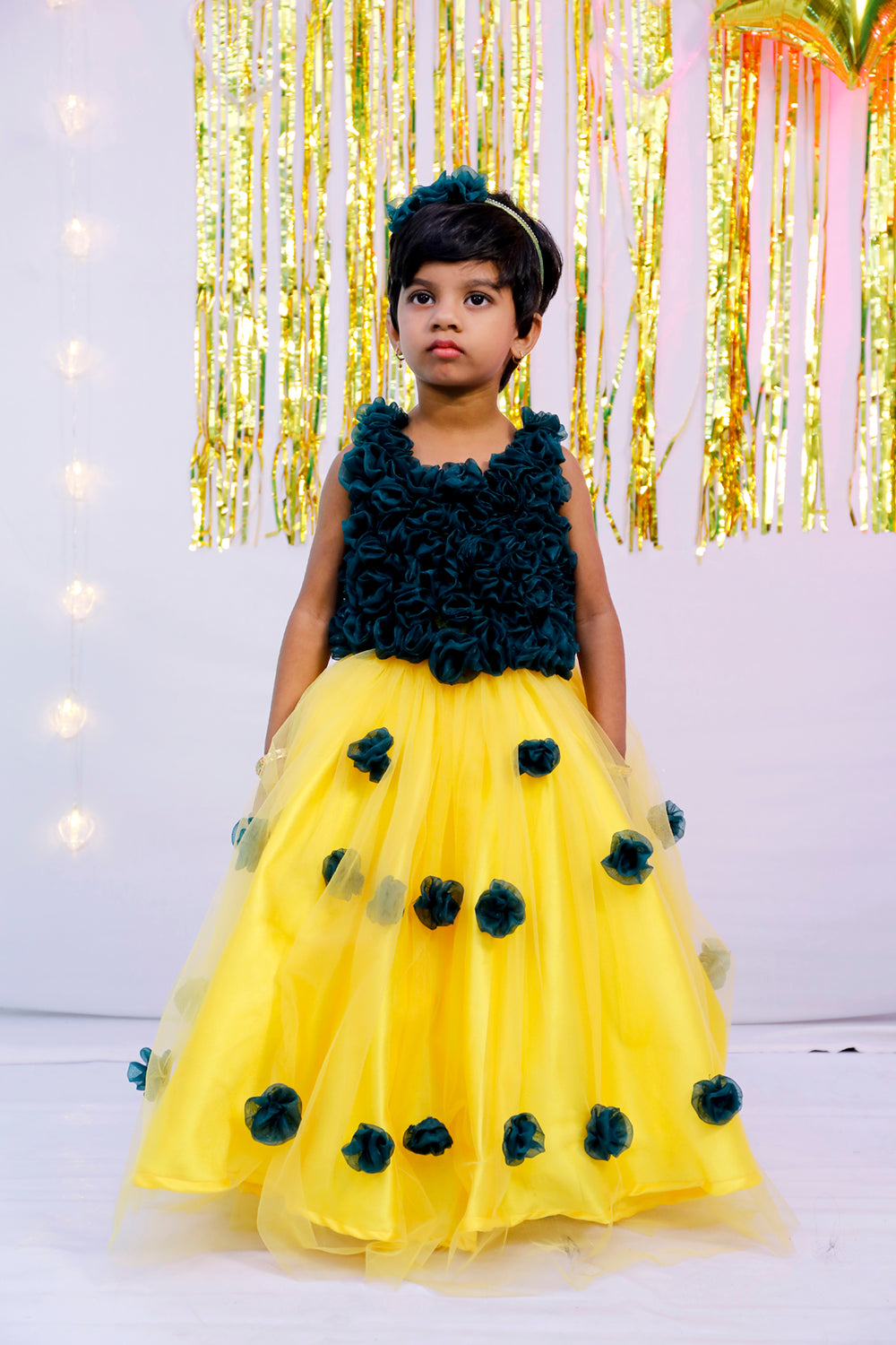 Yellow And Green Netted Frock | S3G4749