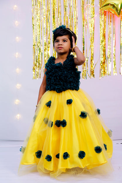 Yellow And Green Netted Frock | S3G4749