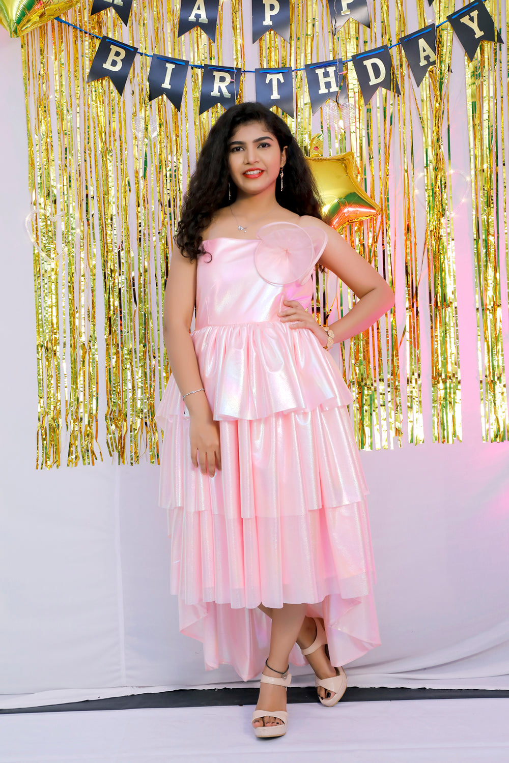 Girls New Style Party Wear Dress Pink Western Partywear Dress S3G893