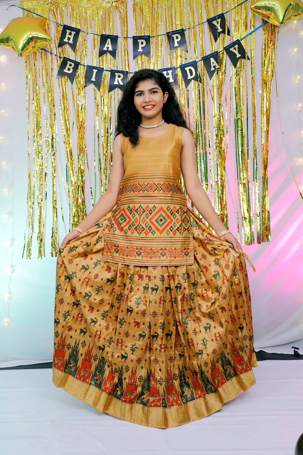 Gold long crop with skirt printed designs