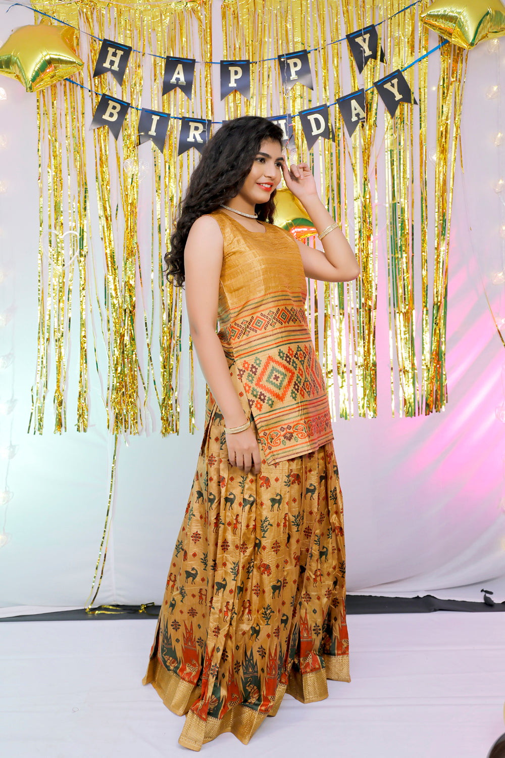 Gold long crop with skirt printed designs