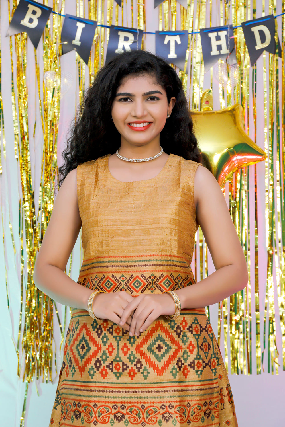 Gold long crop with skirt printed designs