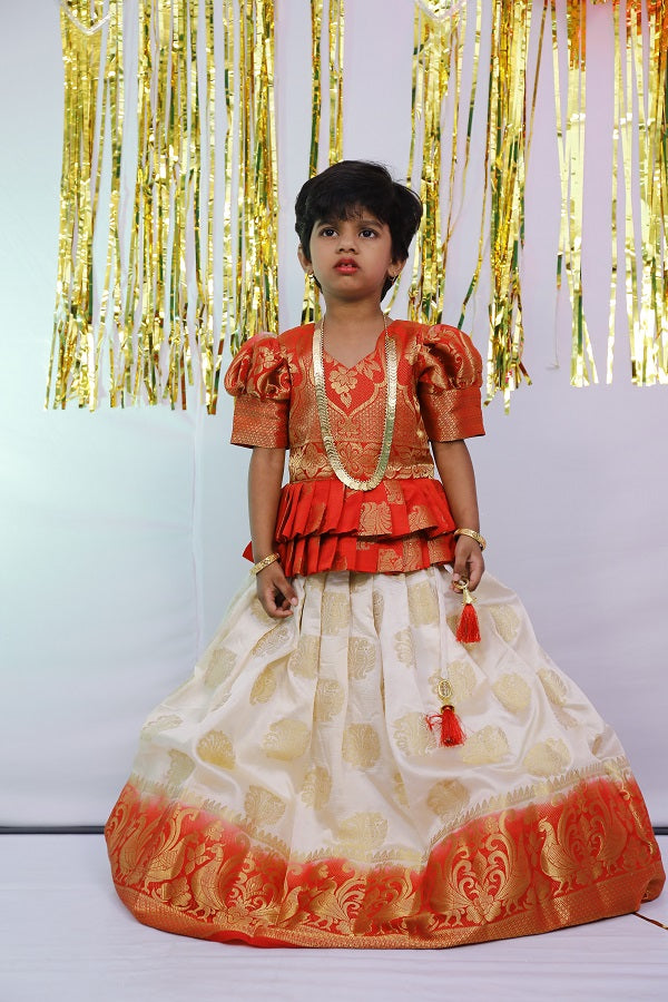 Red and Cream Kid’s Pattu Pavadai | S3PL4769