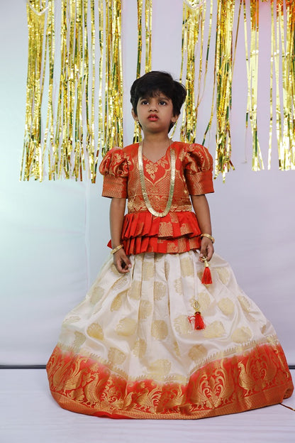 Red and Cream Kid’s Pattu Pavadai | S3PL4769