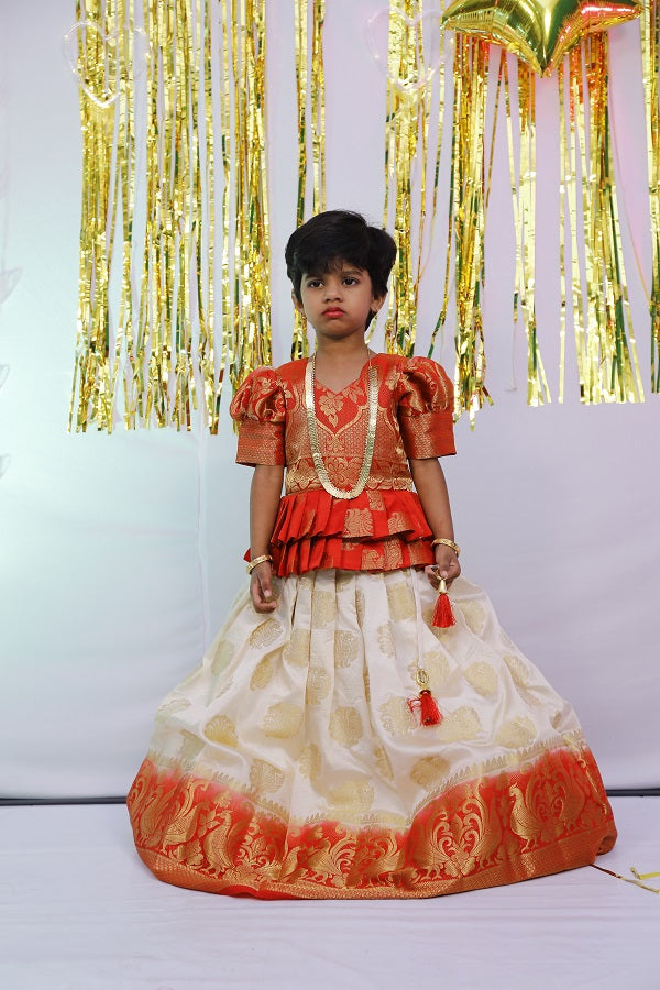 Red and Cream Kid’s Pattu Pavadai | S3PL4769