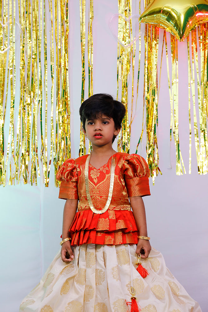 Red and Cream Kid's Pattu Pavadai S3PL4769