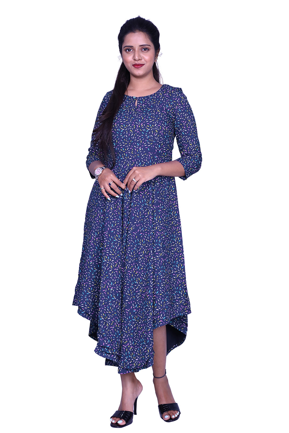Blue Printed Viscose Rayon Front Keyhole High Low Kurta | S3G869