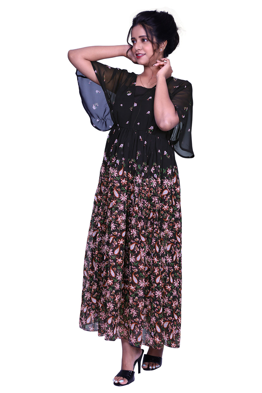 Black Floral Print Gown | S3G877