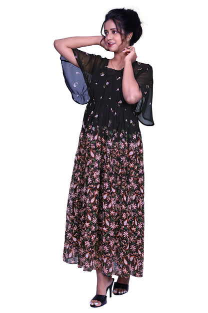 Black Floral Print Gown | S3G877