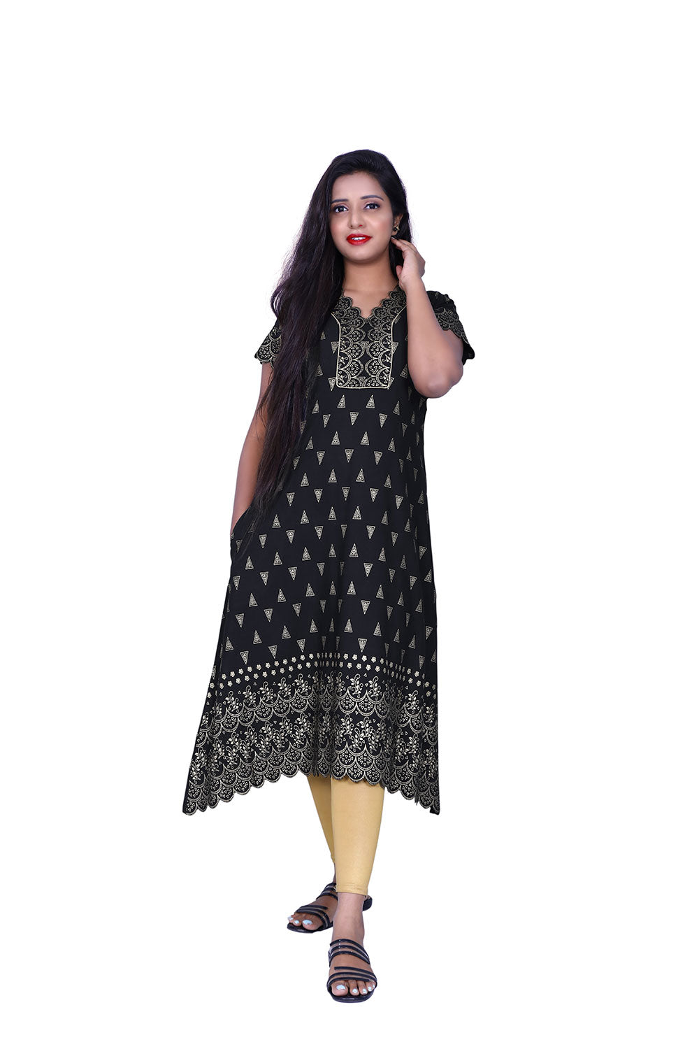 Black Printed A-Line Kurti | S3K803