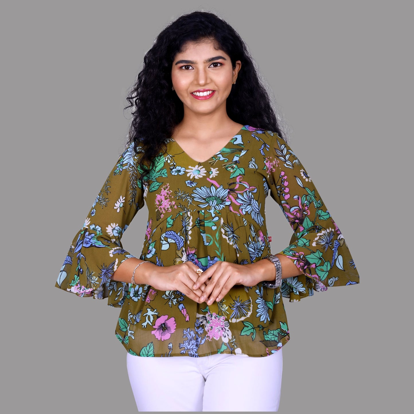 Green Floral Printed Short Top | S3CT814