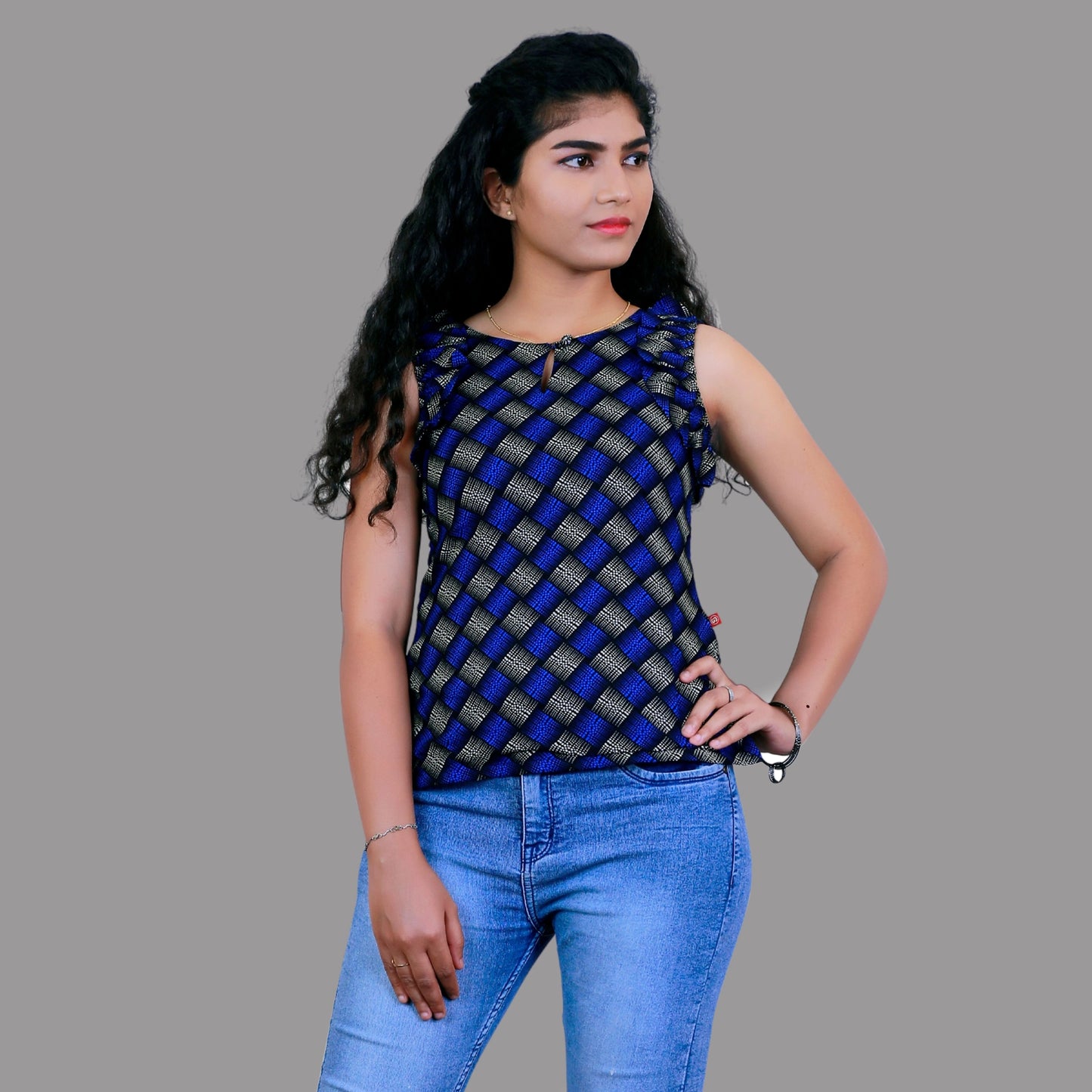 Blue & Cream Ruffles Sleeve Short Top | S3ST246